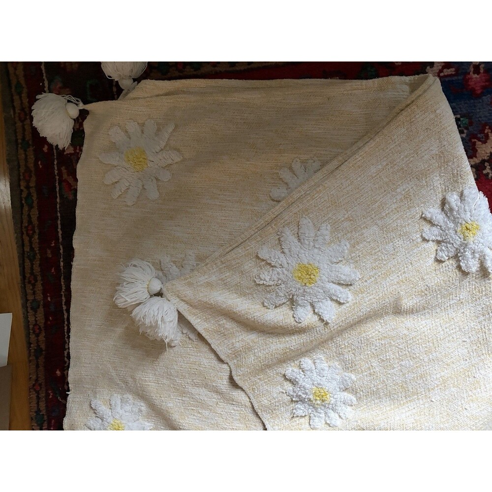 Rachel Zoe Daisy 100% Cotton Woven Throw Blanket Yellow White Tassels 56x48 - Picture 6 of 6